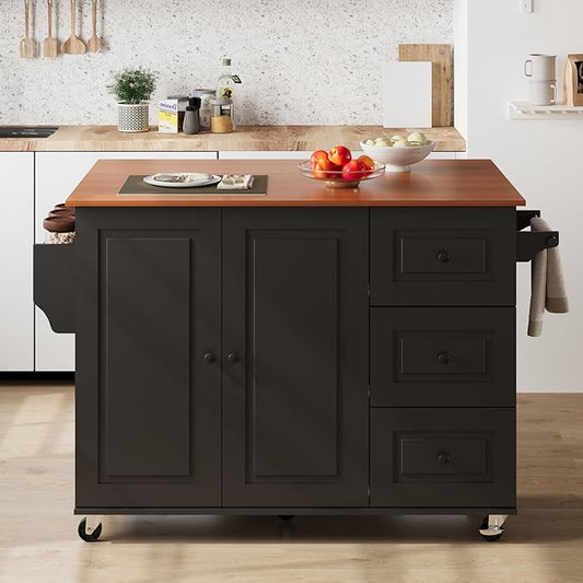 Mobile Kitchen Island with Drop Leaf, Rolling Kitchen Cart with 3 Drawers, Kitchen Storage Cabinet on Wheels, Island Table with Towel and Spice Rack for Dining Room, Living Room, Black
