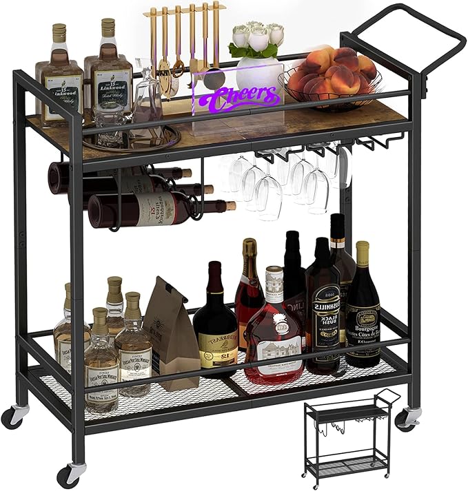 LAATOOREE Home Bar Serving Cart, Mobile Drink Beverage Cart with Two-Color Top Shelf, Rolling Kitchen Cart with Wine Holder and Glass Holder, for Dinning Room, Living Room, Kitchen