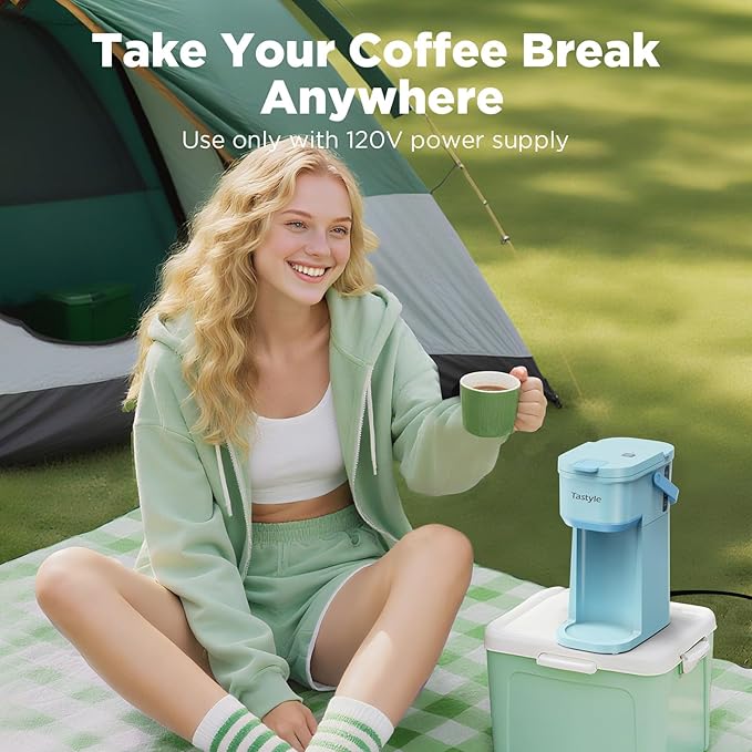 Tastyle Single Serve One Cup Coffee Maker, for K Cups and Grounds, Mini Coffee Maker with Portable Handle, 6 to 12 Oz Brew Size, for Travel, Camping, Office, RV and Dorm, 120V, Aqua