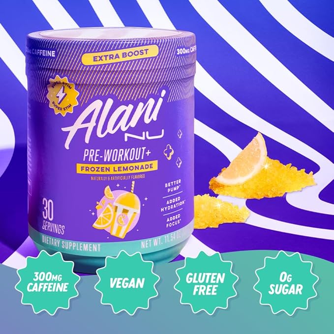 Alani Nu Pre Workout+ Powder Frozen Lemonade, Extra Boost, Sugar Free, 300mg Caffeine, L-Theanine, Beta-Alanine, Citrulline, 30 Servings, (Pack of 2)