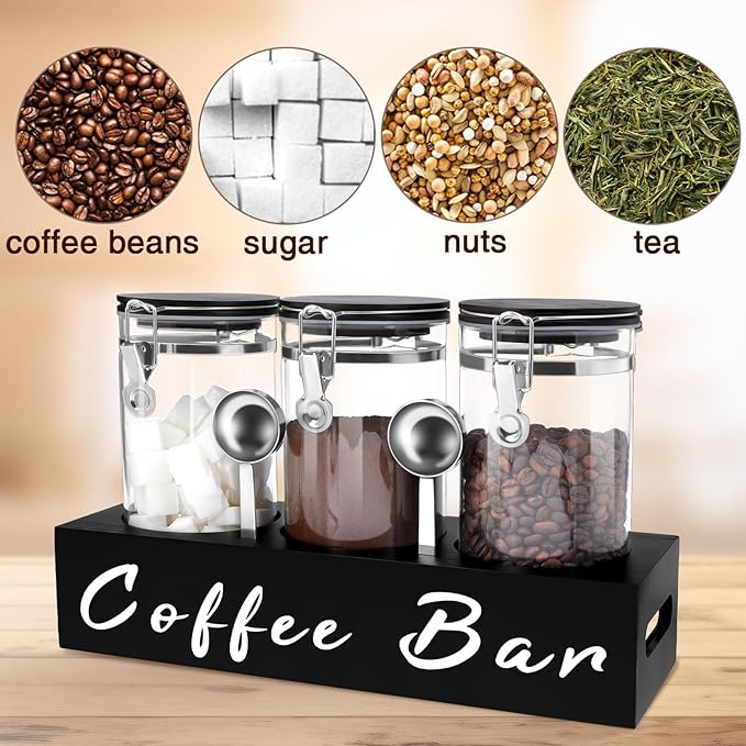 3 x 54 oz Glass Coffee Bean Storage Container with Shelf 3PCS Glass Containers with Airtight Locking Clamp Lid Spoons Coffee Canister Set Jars for Kitchen Food Storage Tea Sugar Black