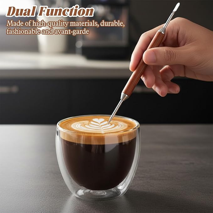 2 Pack Latte Art Stainless Steel Pen Latte Art Tools Barista Tools Wooden Handle with Double Ended Accessories for Home Office Coffee Bar Travel