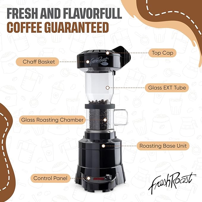 Fresh Roast Coffee Roaster Bundle SR540, Glass Extension Tube, Pour Over Digital Scale, 800ML Glass Pour Over, Electric Kettle, (2lbs) Sample Pack of Green Beans, (2-Pack) Sample Trays, Chaff Brush