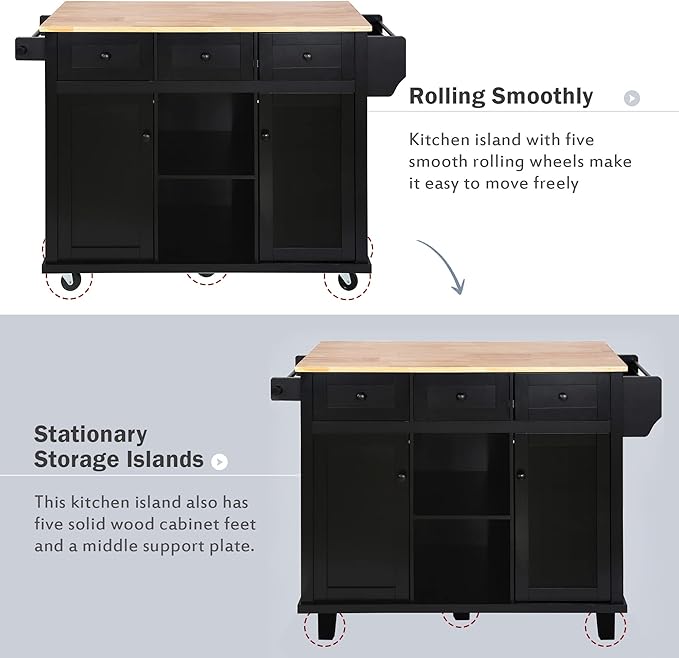Yayzy Rolling Kitchen Island with 2 Bar Stools, Drop Leaf, Cabinet Door Storage Racks & 3 Drawers, Mobile Kitchen Cart with Rubberwood Top & Locking Wheels for Dining Room & Kitchen, 53-Inch, Black