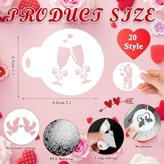 Konsait 20 Pack Valentine's Day Cake Stencils Reusable Coffee Cookie Decorating Stencils Mold Tools for Hot Cocoa,Dessert,Mousse and Cappuccino