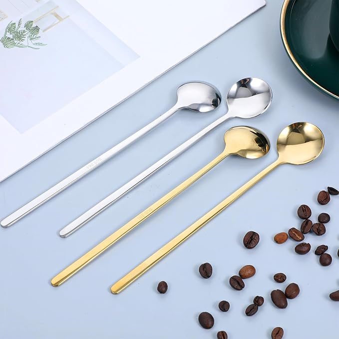 4 PCS Coffee Spoons Stainless Steel, 6.7 Inch Hot Chocolate Spoons Gold and Silver Cocktail Spoon, Tiny Ice Cream Spoon Tea Silver, Coffee Bar Accessories for Christmas Stirring Tea Desserts, Etc