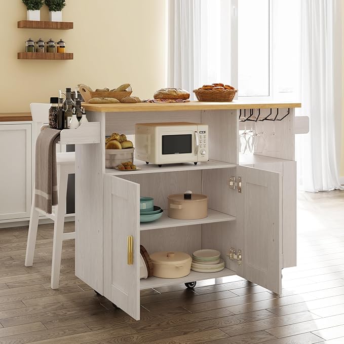 Rolling Mobile Kitchen Island with Storage and Drop Leaf, Island Table with Countertop Power Socket and Wheel (White, Model 1.2)