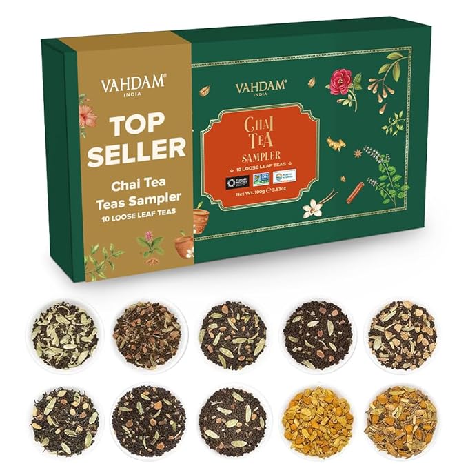 VAHDAM, Assorted Chai Teas Loose Leaf Tea Gift Set (10 Flavor, 50+ Servings) Valentines Day Gifts for Him & Her | Indian Exotic Chai Tea Blends | Resealable Ziplock Pouch