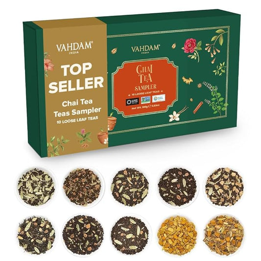 VAHDAM, Assorted Chai Teas Loose Leaf Tea Gift Set (10 Flavor, 50+ Servings) Valentines Day Gifts for Him & Her | Indian Exotic Chai Tea Blends | Resealable Ziplock Pouch