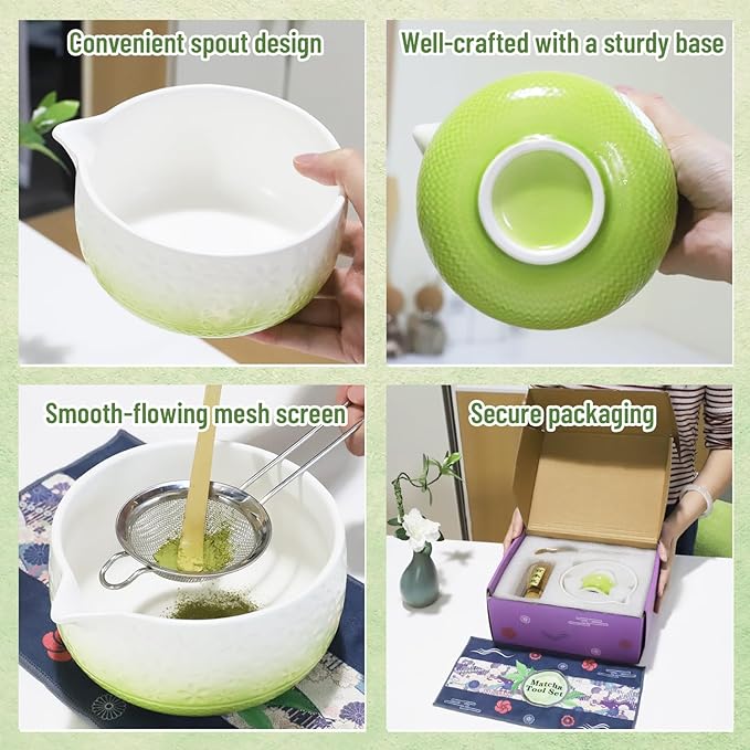 Matcha Whisk Set, 7Pcs Green Matcha Kit for Ceremony, Handcrafted Gifts for Women, Traditional Ceramic Matcha Bowl with Spout, Bamboo Whisk and Holder, Tea Set for Matcha Lovers, Gift for Christmas