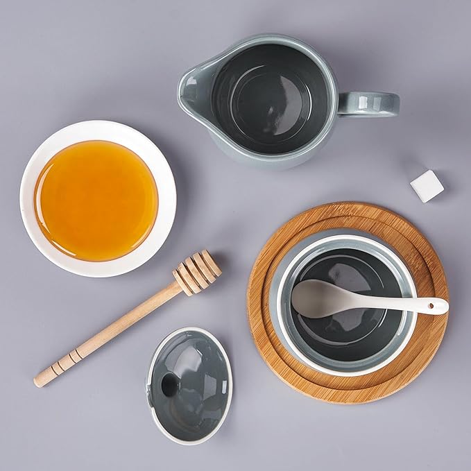12 OZ Ceramic Sugar and Creamer Set, Coffee Serving Set, 3 Piece Cream Pitcher Sugar Bowl with Lid and Spoon (Gray)