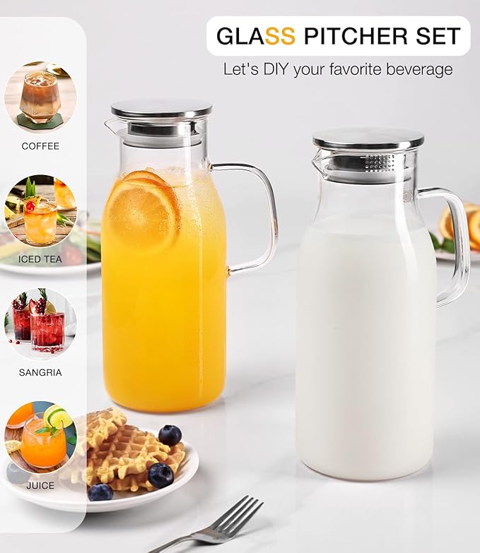 LUNA&MANTHA 2 Pack 2 Liter 68 oz Glass Pitcher with Lid and Handle, Water Pitcher for Fridge, Large Ice Tea Jug for Hot/Cold Drinks, Thick Borosilicate Glass Carafe for Coffee, Juice, Sangria