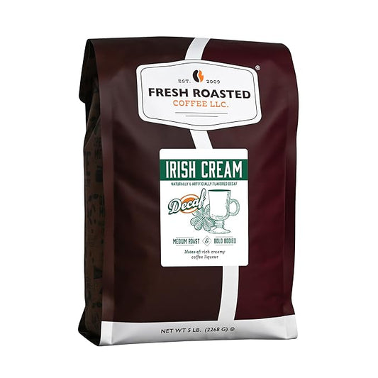Fresh Roasted Coffee, Decaf Irish Cream Flavored Coffee, 5 lb (80 oz), Medium Roast, Kosher, Whole Bean