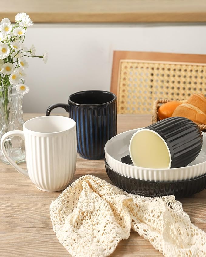 HASENSE Coffee Mugs Set, 16 oz Ceramic Coffee Cups, Ribbed Tea Cup Set of 4, Dishwasher & Microwave Safe, Wedding, Housewarming Gift, Navy Blue