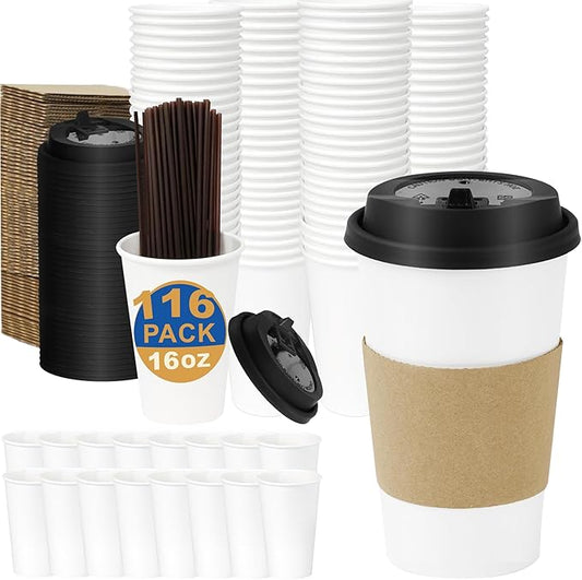 16 oz Coffee Cups + 16 Extra Cups Bulk Disposable To-Go Paper Cups with Lids and Sleeves for Hot Beverage, Chocolate, Cocoa, Office Supplies, Coffee Bar Accessories (100 Pack + 16 Extra Cups, White)