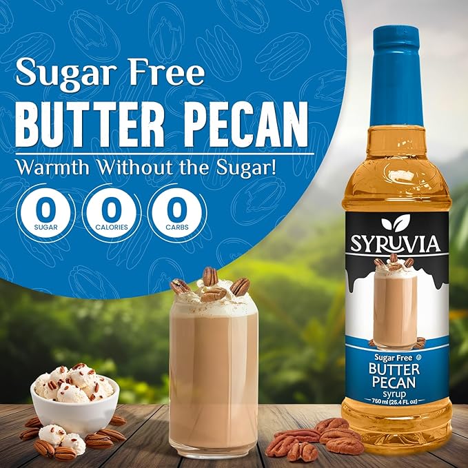 Syruvia Sugar Free Coffee Syrup, Butter Pecan Flavored Syrup for Drinks, Lattes, and Desserts – 25.4 fl oz, With Pump