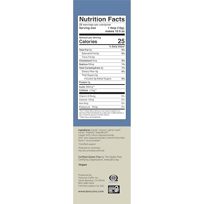 Teeccino Dark Chocolate Prebiotic SuperBoost™ Coffee Alternative - 10 Ounce - Support Probiotics with Caffeine-Free Herbal Coffee Featuring 3 Vegan Prebiotics for Gut Health