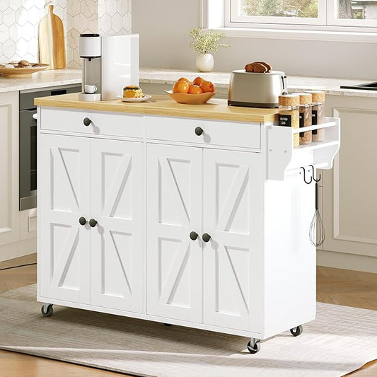 HOOBRO Kitchen Island with Power Outlet,43.3" Rolling Kitchen Island with Storage, Rolling Cart with Spice Rack and Hooks, for Dining, Living Room, White and Natural WN11UZD01