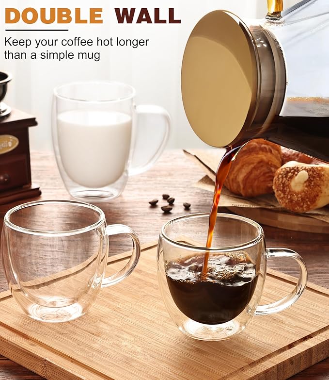 Espresso Cups Set of 2,Hand Blown 5oz Double Walled Insulated Espresso Coffee Mugs with Handle,Perfect for Cappuccino, Latte, Tea, Clear Glass Espresso Shot Cups Suitable for Coffee Machine