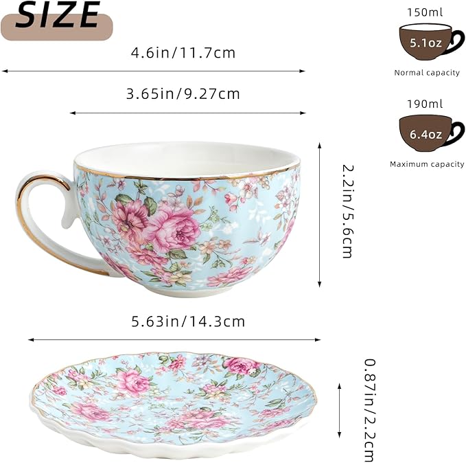 Tea Cup and Saucers, 6.4oz Floral Tea Cups with Gold Trim, Porcelain Teacup, Coffee Cappuccino Espresso Latte Mugs for Party Birthday,Party Cafe Home, Christmas Gift (Blue)