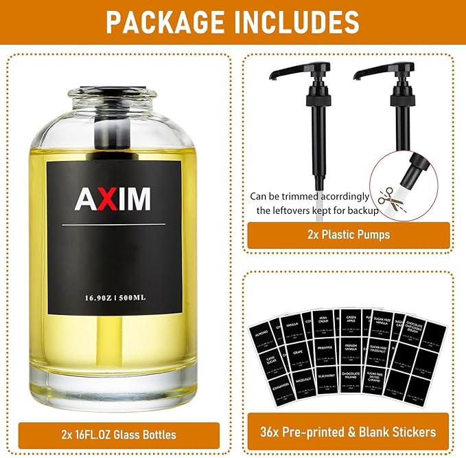 AXIM Coffee Syrup Dispenser,2 Pack 500 ml/16.9 oz Glass Syrup Dispenser with Labels& Funnel,Coffee Bar Organizer,Modern Coffee Station Accessories for Kitchen