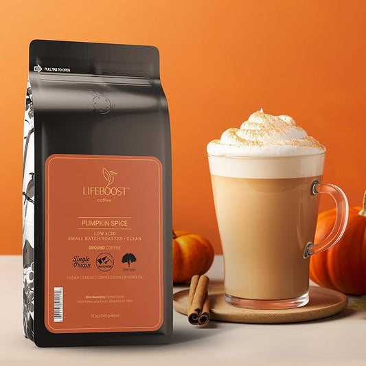 Lifeboost Pumpkin Spice Coffee Ground – Organic, Low Acid, Non-GMO, Single Origin Medium Roast – Mycotoxin-Free Cozy Flavored Fall Coffee, 12 oz