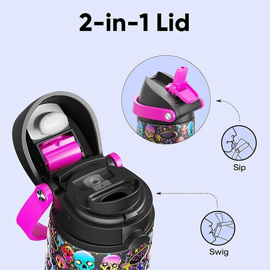 Insulated Water Bottle with Straw - Encool Stainless Steel Water Bottle with Push Button Lid, Leak-Proof & BPA-Free, Keeps Cold for 24 Hours for Sports, Travel, Gym (24 oz, Trippy Skulls)