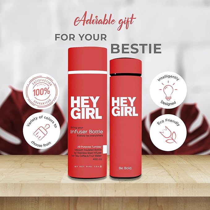 Hey Girl Tea Infuser Bottle 450ml - Insulated Stainless Steel Water Bottle - Tea Tumbler with Tea Diffuser - Portable Travel Mug for Loose Leaf Tea & Infused Water - Tea Lovers Gifts for Women