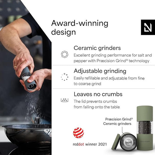 LARS NYSØM Salt and Pepper Grinder Set, Manual Salt and Pepper Mills with Adjustable Ceramic Grinder, Design Spice Shaker Set (Sage Green)