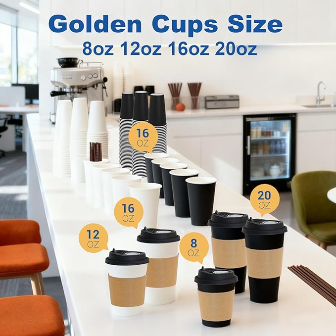 16 oz Coffee Cups + 16 Extra Cups Bulk Disposable To-Go Paper Cups with Lids and Sleeves for Hot Beverage, Chocolate, Cocoa, Office Supplies, Coffee Bar Accessories (100 Pack + 16 Extra Cups, Black)