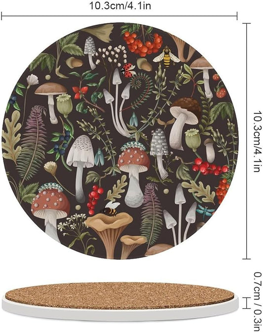 Round-6PCS Botanical Ceramic Coasters, Round Absorbent Drink Coasters, Vintage Cartoon Abstract Botanical Mushroom Plants Pattern Ceramic Table Coasters for Coffee, Beverage, Wine, Beer Coasters