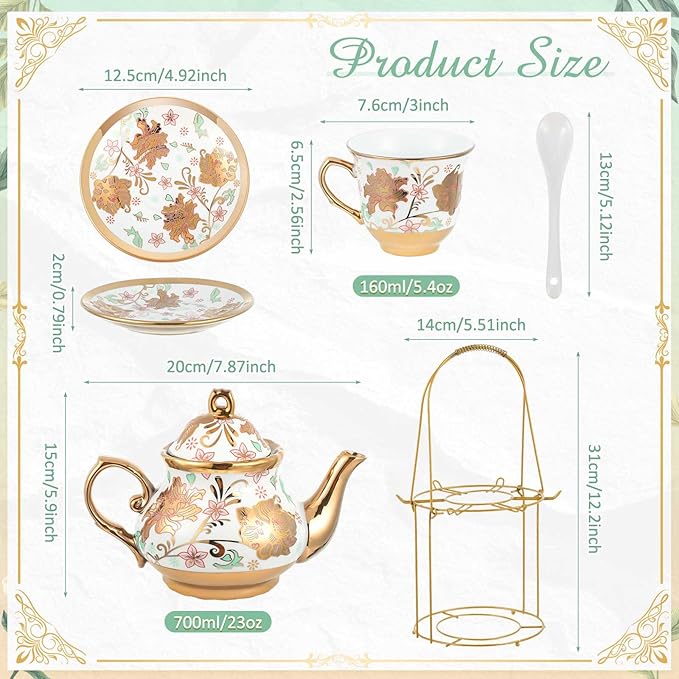 Zhehao 20 Pcs Porcelain Tea Set with Metal Holder and Spoon Adult Ceramic Tea Set European Flower Painting Teapot Cup Saucer Spoon for Women, Large Version(Elegant Style)