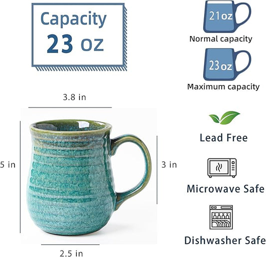 23 oz Large Ceramic Coffee Mugs, Handmade Cup with Large Handle, Big Tea and Coffee Cups for Office and Home, Microwave and Dishwasher Safe (Crystal Green)