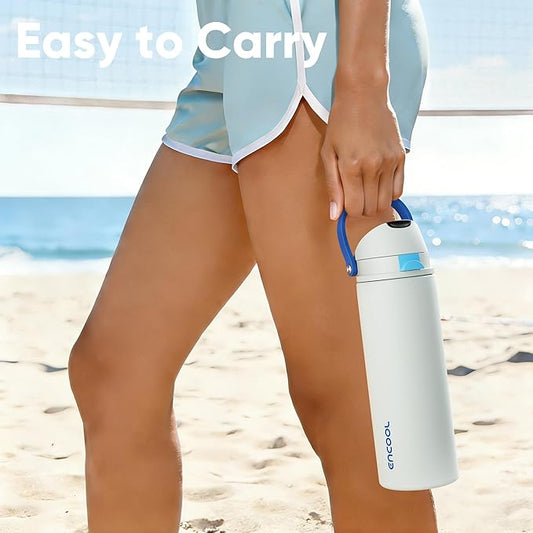 Insulated Water Bottle with Straw - Encool Stainless Steel Water Bottle with Push Button Lid, Leak-Proof & BPA-Free, Keeps Cold for 24 Hours for Sports, Travel, Gym (32 oz, Quill Grey-Blue)