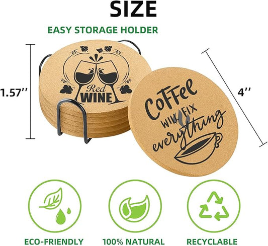 Coasters for Drinks with Holder Set of 6, Coffee Pattern Cork Coaster Absorbent for Desk Office Cup Table Coasters Kitchen Decor House Warming Gifts for New Home Couples, Round 4"