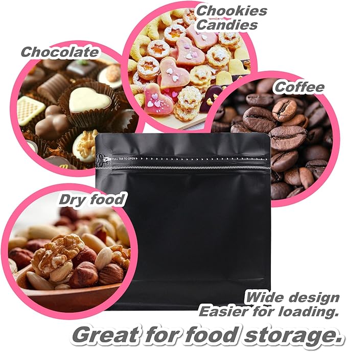 60 Pack High Barrier Stand-Up Coffee Bean Bags with Vented Valve Matte Metallic Heat-Sealable & Resealable Solid Color Pouches (Square,5.3 * 5.5 inch,1/4 lb,Black)