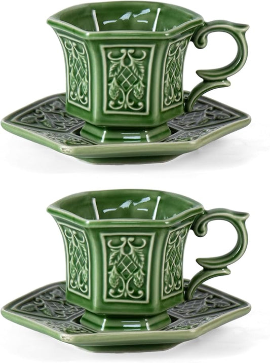 KAMMAK Tea Cups and Saucers Set of 2, Porcelain Coffee Cups, 6-Ounce Stackable Espresso Mugs, Ceramic Demitasse for Coffee, Latte, Americano, Tea, Retro Green