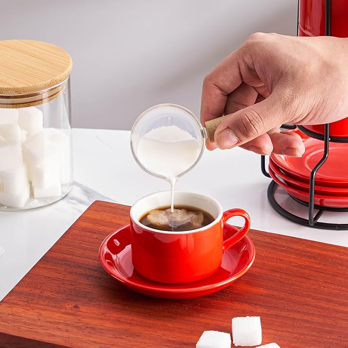 Meichu 2.5oz Porcelain Stackable Espresso Cups with Saucers and Metal Stand Set of 4, Stackable Espresso Cups Set of 4, Red Expresso Shots Cup Set for Cappuccino, Coffee Drinks, Latte, Tea