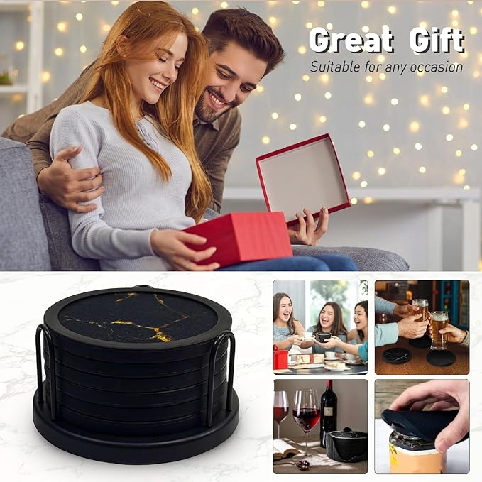 Set of 6 Non-Slip Silicone Coasters with Holder, Double-Sided Absorbent for Hot/Cold Drinks, Scratch & Water Ring Protection for Wood Tables, Home Office Bar, Black Gold Marble (Black Gold Pattern)