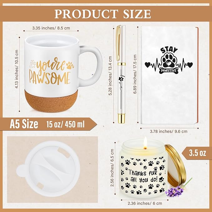 4 Pcs Veterinary Gifts Set White Thank You Gift for Cat Dog Groomers Trainer Coffee Mug Scented Candle Notebook Pen for Vet Tech Veterinary Assistant Receptionist Dog Sitter Daycare Coworker