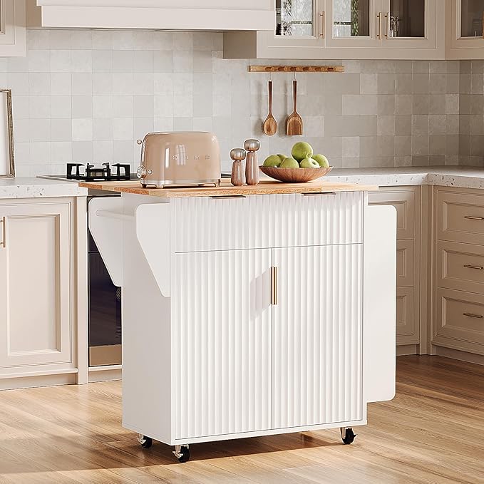 VINGLI Kitchen Island with Storage, Rolling Cart on Wheels with Foldable Drop Leaf, Drawer & Door Cabinet, Portable Kitchen Cart for Meal Prep & Organization, White