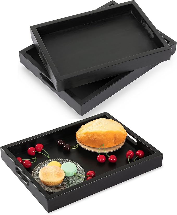 Black Acacia Wooden Rectangular Serving Tray with Handles, Set of 2 (15"x11" & 13"x10"), Large Tray for Ottoman, Breakfast in Bed, Dinner, Coffee Table Decor & Kitchen