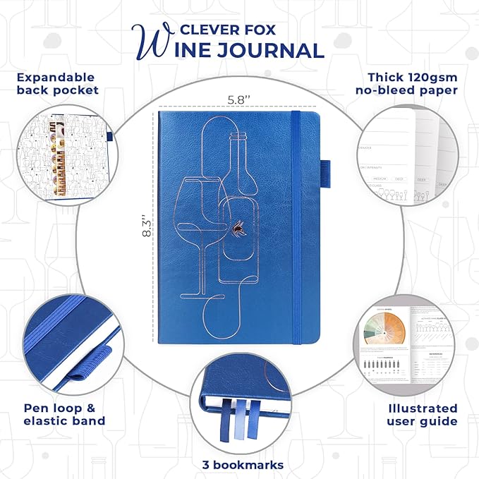 Clever Fox Wine Journal for Wine Tasting – Guided Wine Diary & Log Book with Tasting Instructions, Aroma Wheel, Food Pairing & Glass Guide – 132 Entries, Hardcover, A5 Size (Mystic Blue)