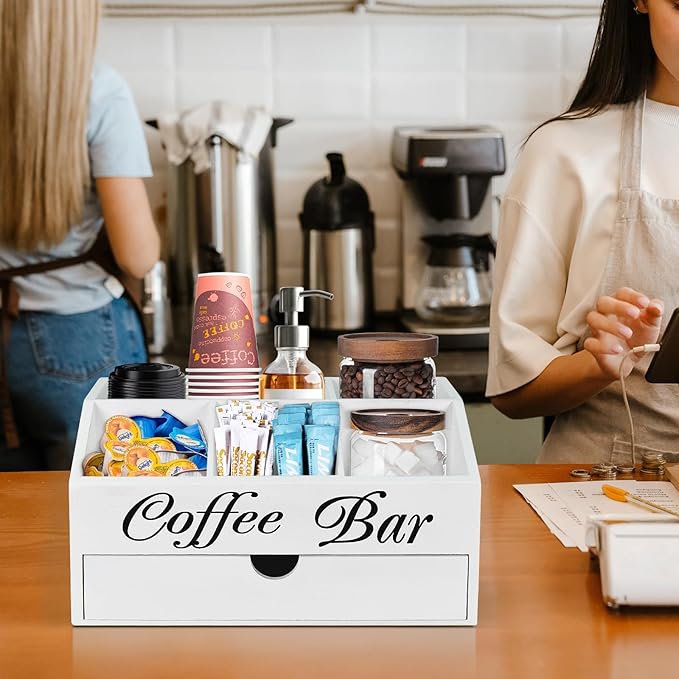Coffee Bar Organizer Countertop, Wooden Bar Accessories With Drawer, Coffee Station Organizer Pods Holder Storage Basket, Farmhouse Tea Condiment Station