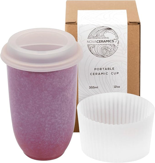 NOVA CERAMICS Coffee Travel Mug – Cup Holder Friendly Travel Mug– Microwave & Dishwasher Safe White & Purple Tumbler - Coffee Mug Fits In Cup Holder – 12oz – Astral Bloom