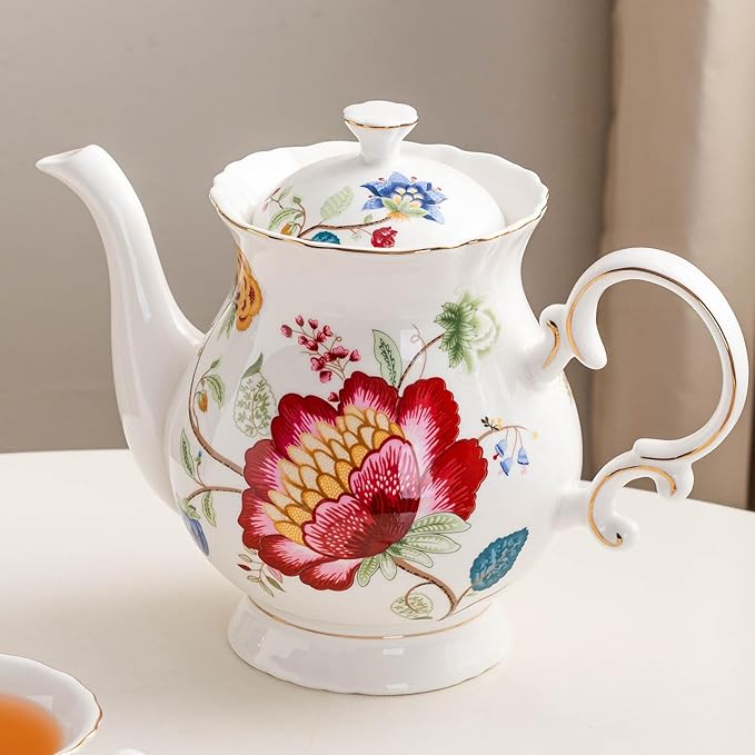 Jomop European Style Ceramic Flower Teapot Coffee Pot Water Pot Porcelain Gift Large 5.5 Cups (1, Blue and Red)
