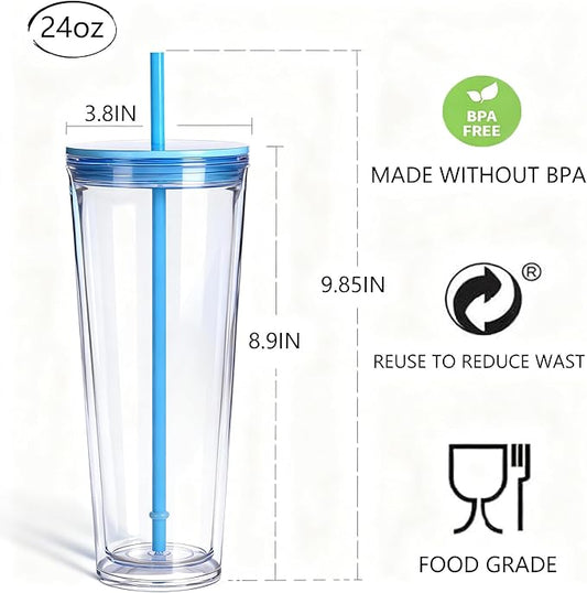 24oz Tumbler with Lid and Straw, Leak Proof and Double Wall Insulated Reusable Plastic Cups,Travel Reusable Iced Coffee Cup (2, Blue)
