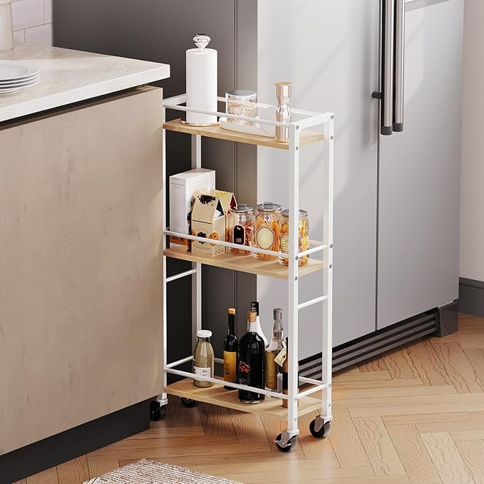 Slim Rolling Cart, Mobile Kitchen Cart on Wheels, Narrow Storage Cart for Small Space, Wooden Kitchen Storage Rack, for Bathroom, Laundry, Living Room, White RCBN1501