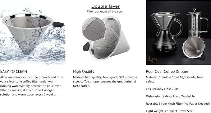 Reusable Permanent Paperless Coffee Pour-Over Dripper, Double-Layer 800-Mesh Stainless Steel, Fits Oval Containers, with Brush, 2-3 Cups for Home Travel Camping