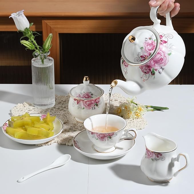 Sweejar Ceramic Teapot with Infuser, Floral Relief Gold Rimmed Teapot, 29 OZ Porcelain Tea Pot for Blooming and Loose Tea, Coffee...(Pink Flower)